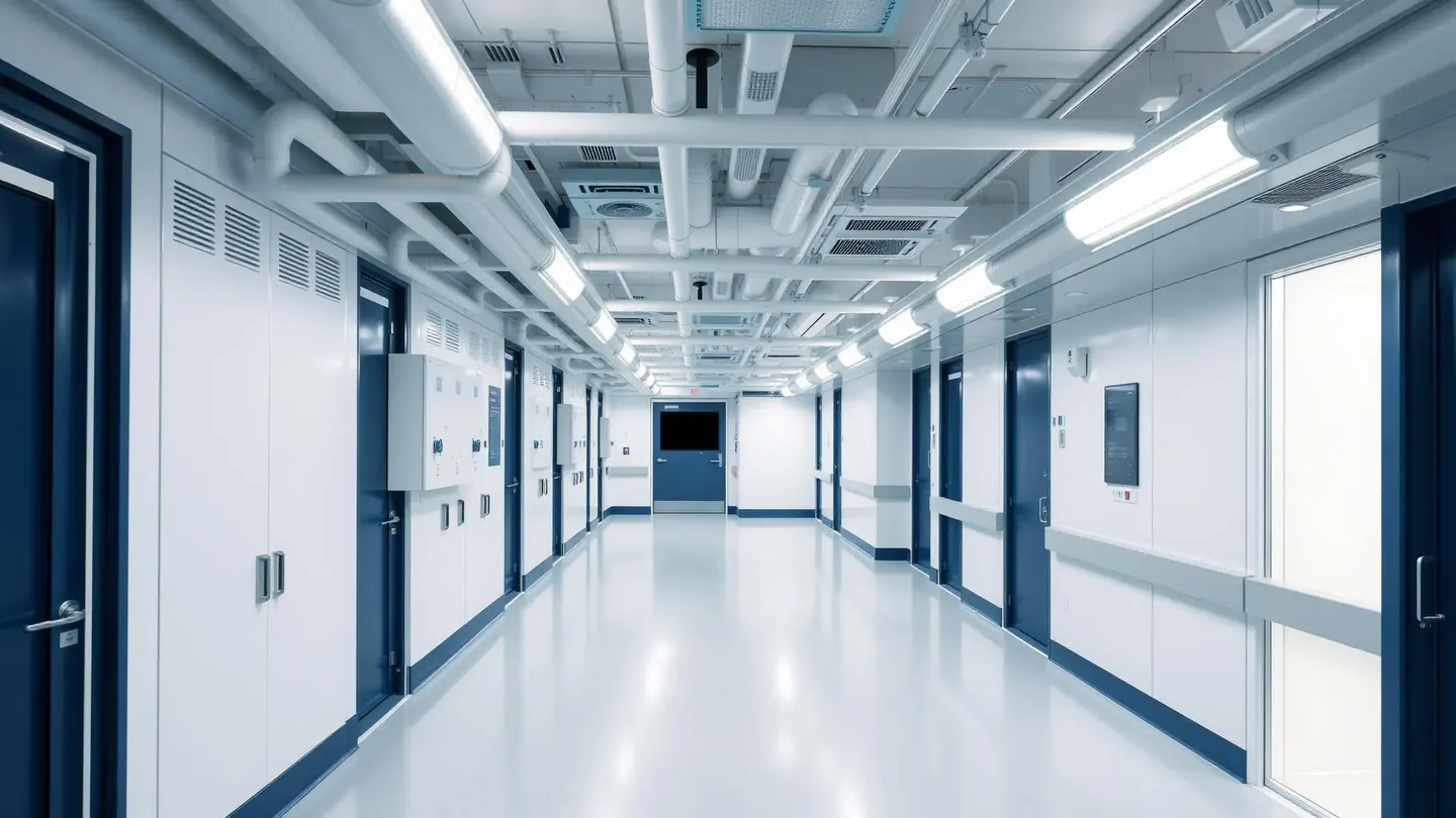 Corredor técnico de infraestrutura hospitalar